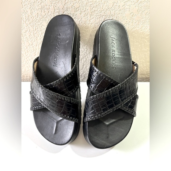 Jack Rogers Lexi Black Leather Croc Embossed Criss-Cross Slip On Sandals 7.5 - Picture 1 of 12